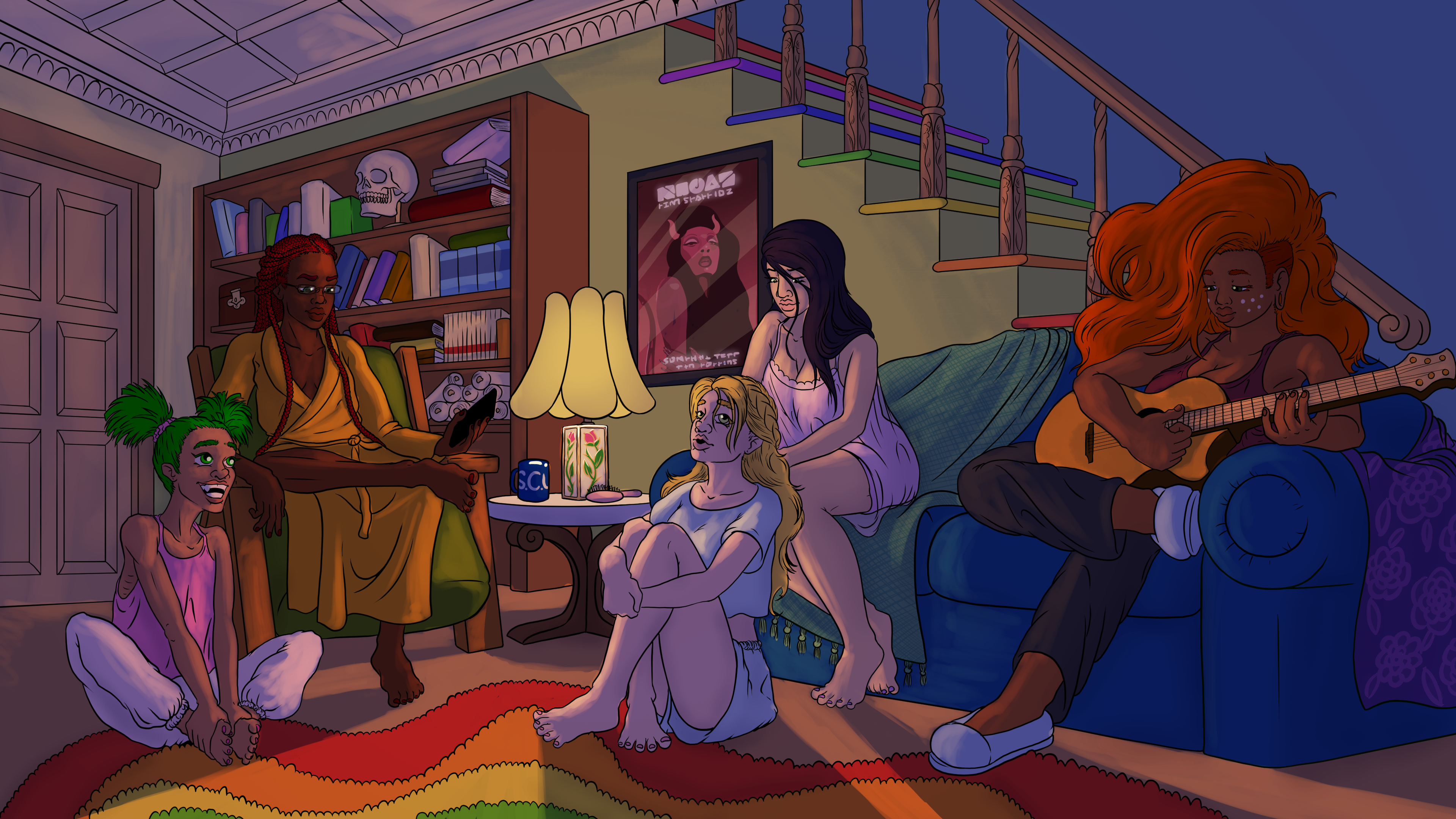 The Photosynthesisters sit together relaxed in a dimly lit living room